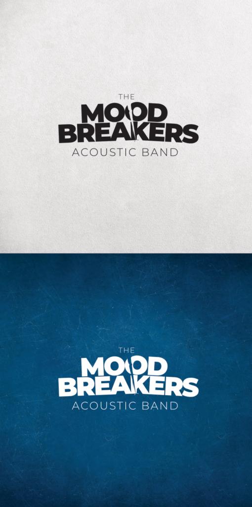 Dwa warianty logo 'The Mood Breakers Acoustic Band' na teksturowanym tle: czarny na białym i biały na ciemnoniebieskim.