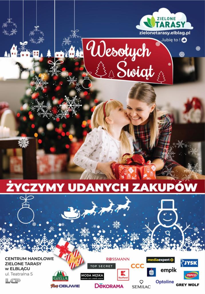Świąteczna grafika reklamowa Centrum Handlowego Zielone Tarasy z życzeniami Wesołych Świąt i udanych zakupów, przedstawiająca uśmiechniętą matkę z córką przy choince i prezentach.