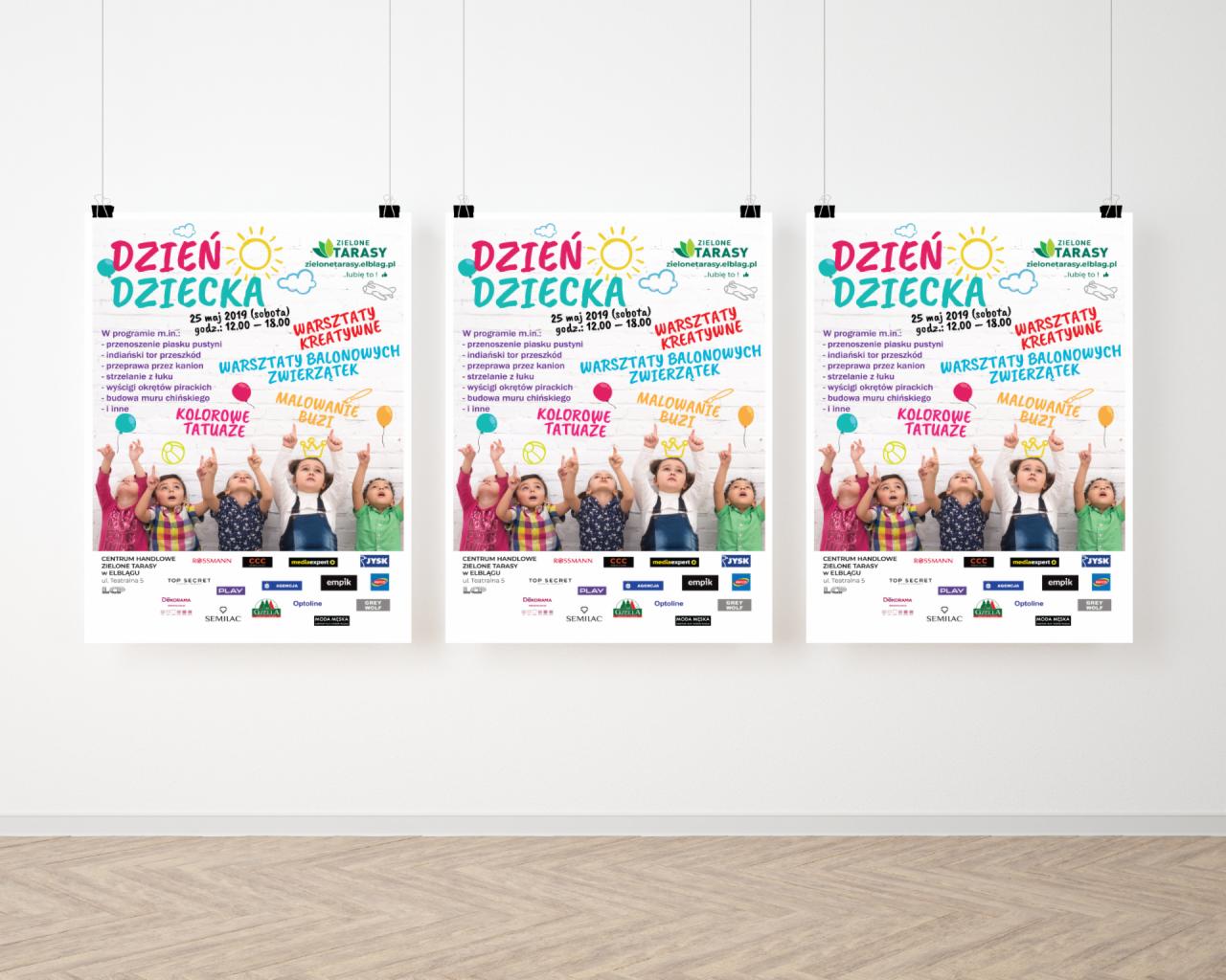 Trzy identyczne plakaty reklamujące Dzień Dziecka 25 maja 2019 na Zielonych Tarasach w Elblągu, zapraszające na warsztaty balonowych zwierzątek, malowanie buzi i kolorowe tatuaże, z logotypami...