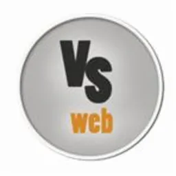 Okrągłe logo z napisem 'Vs web', czarne 'Vs' nad pomarańczowym 'web', umieszczone na szarym tle z metaliczną obwódką.