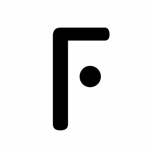 Abstrakcyjne logo w kształcie litery F z okrągłym elementem po prawej stronie, czarny kolor na białym tle.