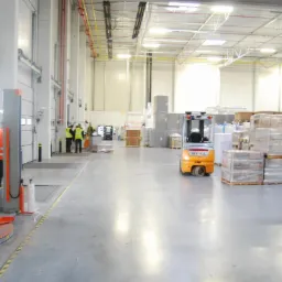 Wnętrze hali magazynowej z wózkiem widłowym STILL, paletami z towarem i pracownikami w odblaskowych kamizelkach w tle.