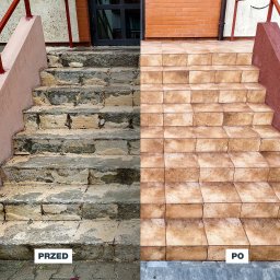 ANAR BUD Artur Godlewski - Schody wejściowe do budynku podzielone na pół: lewa strona pokazuje stan zniszczony, przed remontem z odpadającym tynkiem i uszkodzonymi stopniami, prawa strona po remoncie z nowymi, brązowymi...