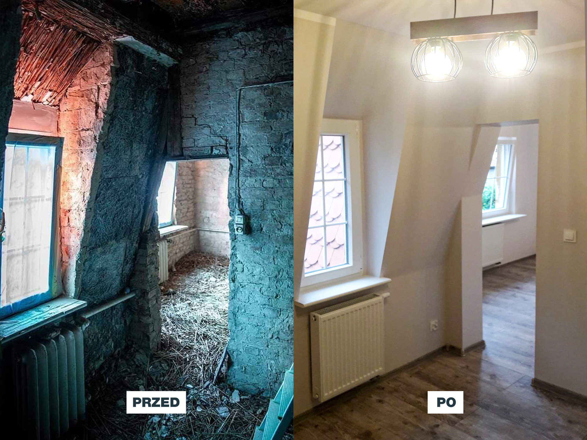 Porównanie stanu pokoju przed i po: surowe cegły i gruz kontra gładkie ściany, drewniana podłoga i nowoczesne oświetlenie.