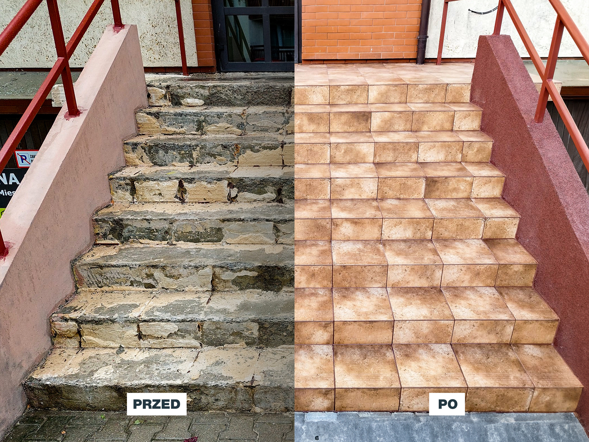 Schody wejściowe do budynku podzielone na pół: lewa strona pokazuje stan zniszczony, przed remontem z odpadającym tynkiem i uszkodzonymi stopniami, prawa strona po remoncie z nowymi, brązowymi...