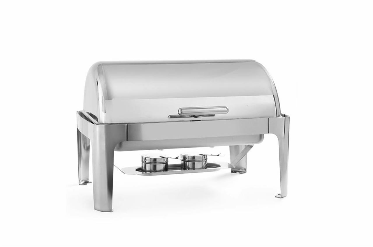 Błyszczący, metalowy bemar z przezroczystą pokrywą i dwoma pojemnikami na podgrzewacze, stojący na białym tle.