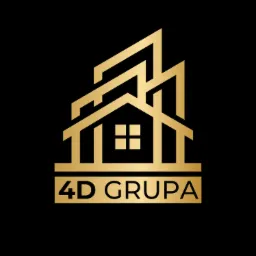 Złote logo firmy 4D Grupa przedstawiające stylizowany budynek na czarnym tle.