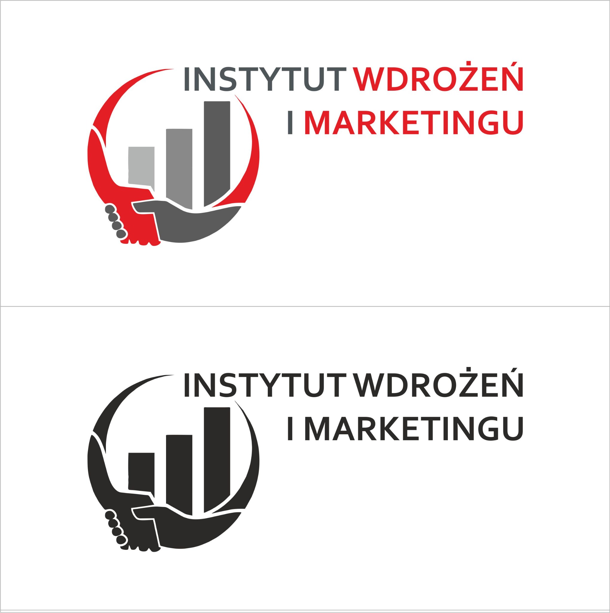 Dwa warianty logo firmy Instytut Wdrożeń i Marketingu: jeden w kolorze (czerwony, szary), drugi w czerni, z motywem dłoni ściskających się nad wykresem słupkowym, całość w okręgu.