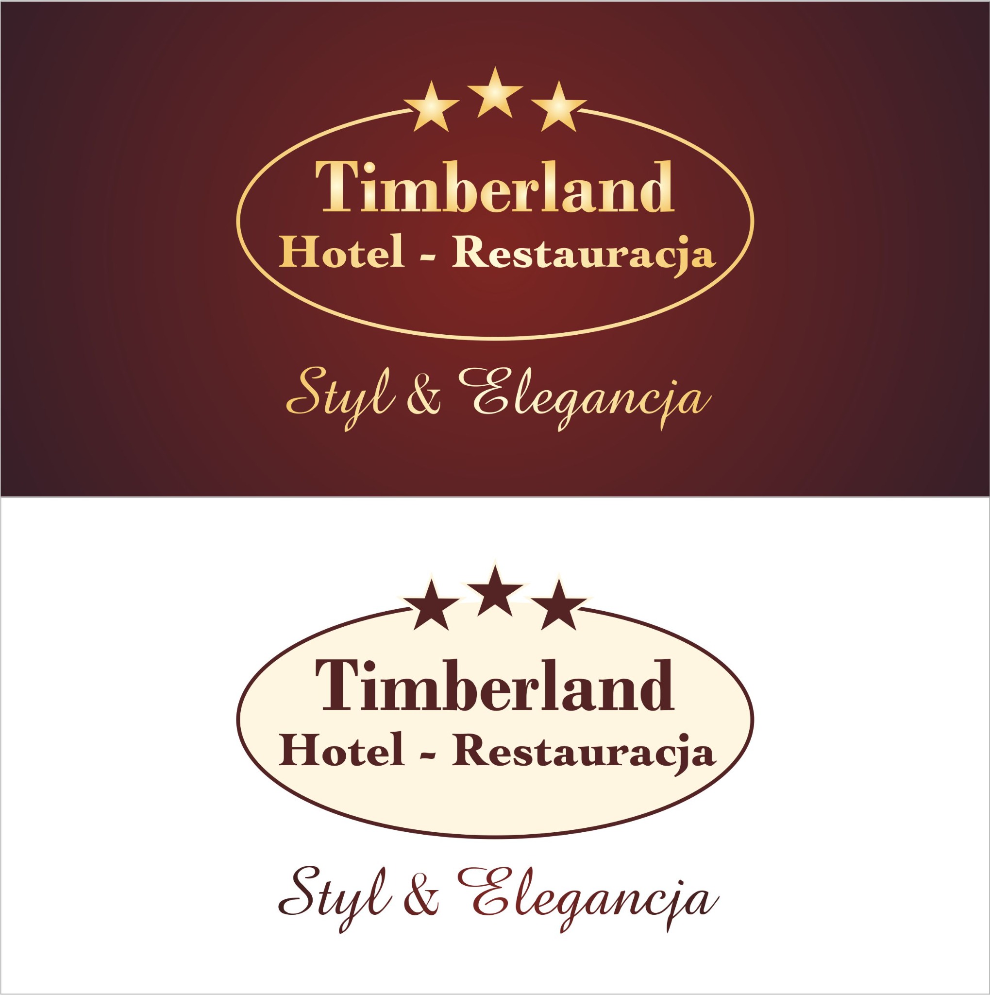 Dwa warianty logo dla hotelu i restauracji Timberland: jeden w kolorze złotym na ciemnobrązowym tle, drugi w odcieniach brązu na białym tle, oba z trzema gwiazdami i napisem 'Styl & Elegancja'.