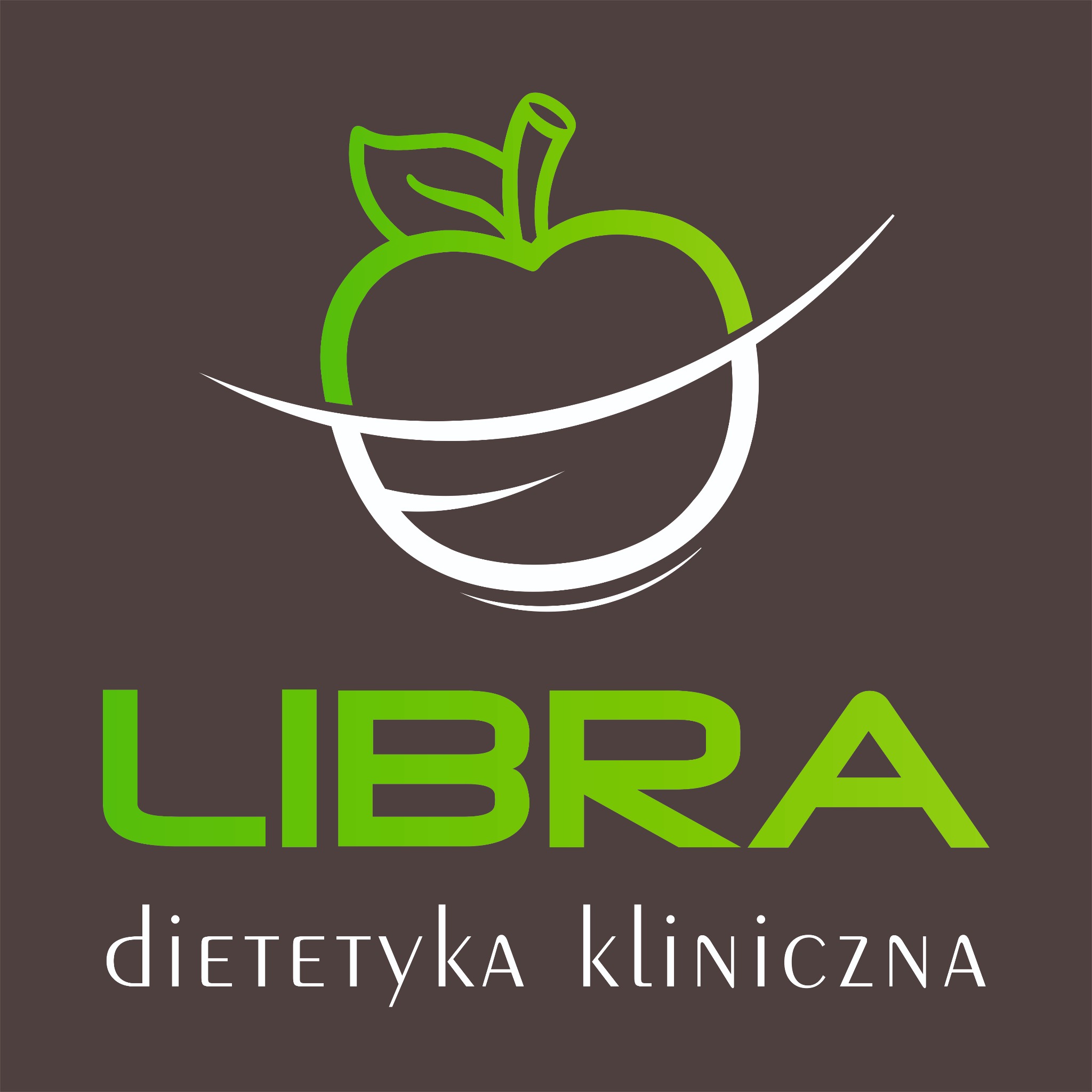 Logo firmy dietetycznej: zielone jabłko z białymi elementami graficznymi, nazwa 'LIBRA' zielonym drukiem i dopisek 'dietetyka kliniczna' białą czcionką na brązowym tle.