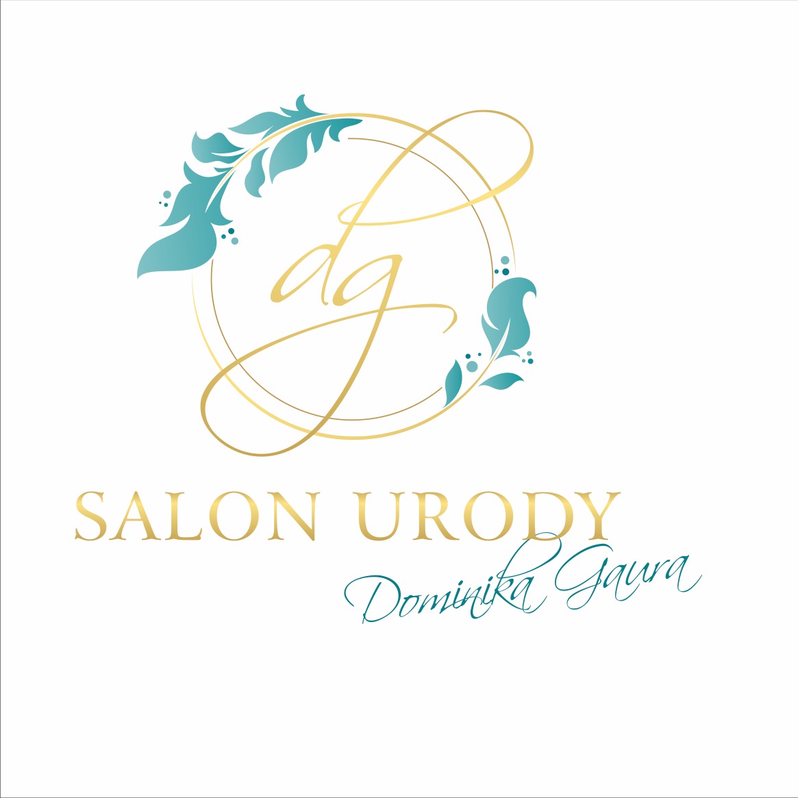 Eleganckie logo salonu urody z inicjałami 'dg' w złotym okręgu z turkusowymi liśćmi, nazwa salonu 'Salon Urody Dominika Gaura' poniżej.