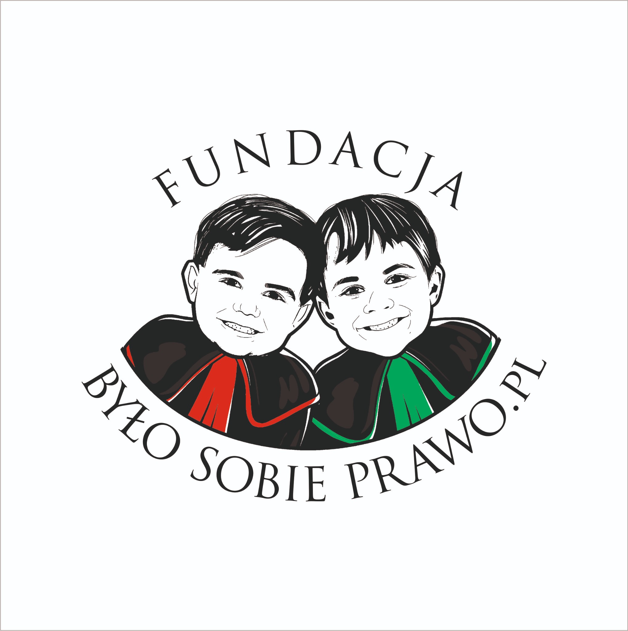 Ilustracja logo fundacji 'Było Sobie Prawo.pl' z Rybnika, przedstawiająca dwa uśmiechnięte, karykaturalne portrety chłopców w togach, jeden z czerwonym, a drugi z zielonym elementem, umieszczone...