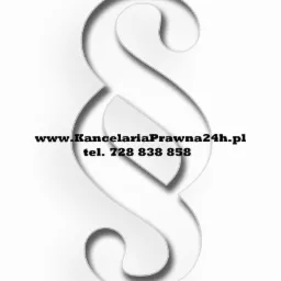 Symbol paragrafu w bieli, z adresem strony i numerem telefonu Kancelarii Prawnej 24h na jasnym tle. Grafika w neutralnej tonacji.