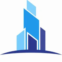 Abstrakcyjne logo: trzy niebieskie, geometryczne budynki na ciemnoniebieskiej, zakrzywionej podstawie, symbolizujące nowoczesność i rozwój.