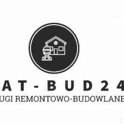 Logo firmy MAT-BUD 24 z ikoną budowlańca w kasku przed domem, oferującej usługi remontowo-budowlane.