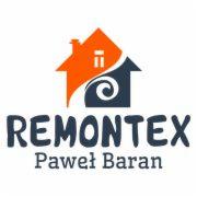 Logo firmy Remontex Paweł Baran z motywem domu w kolorach pomarańczowym i granatowym. Prosty, nowoczesny design.