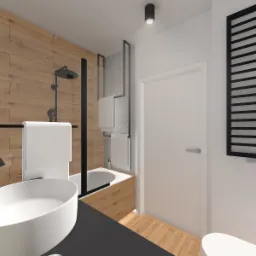 Wizualizacja nowoczesnej łazienki z drewnianymi panelami, czarną armaturą i owalną umywalką nablatową. Widoczna kabina prysznicowa z czarną ramą, grzejnik drabinkowy i białe płytki w jodełkę.