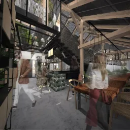 Wizualizacja przestronnego wnętrza biurowego z roślinami, drewnianymi elementami konstrukcyjnymi, schodami z siatki i długim stołem z litego drewna.