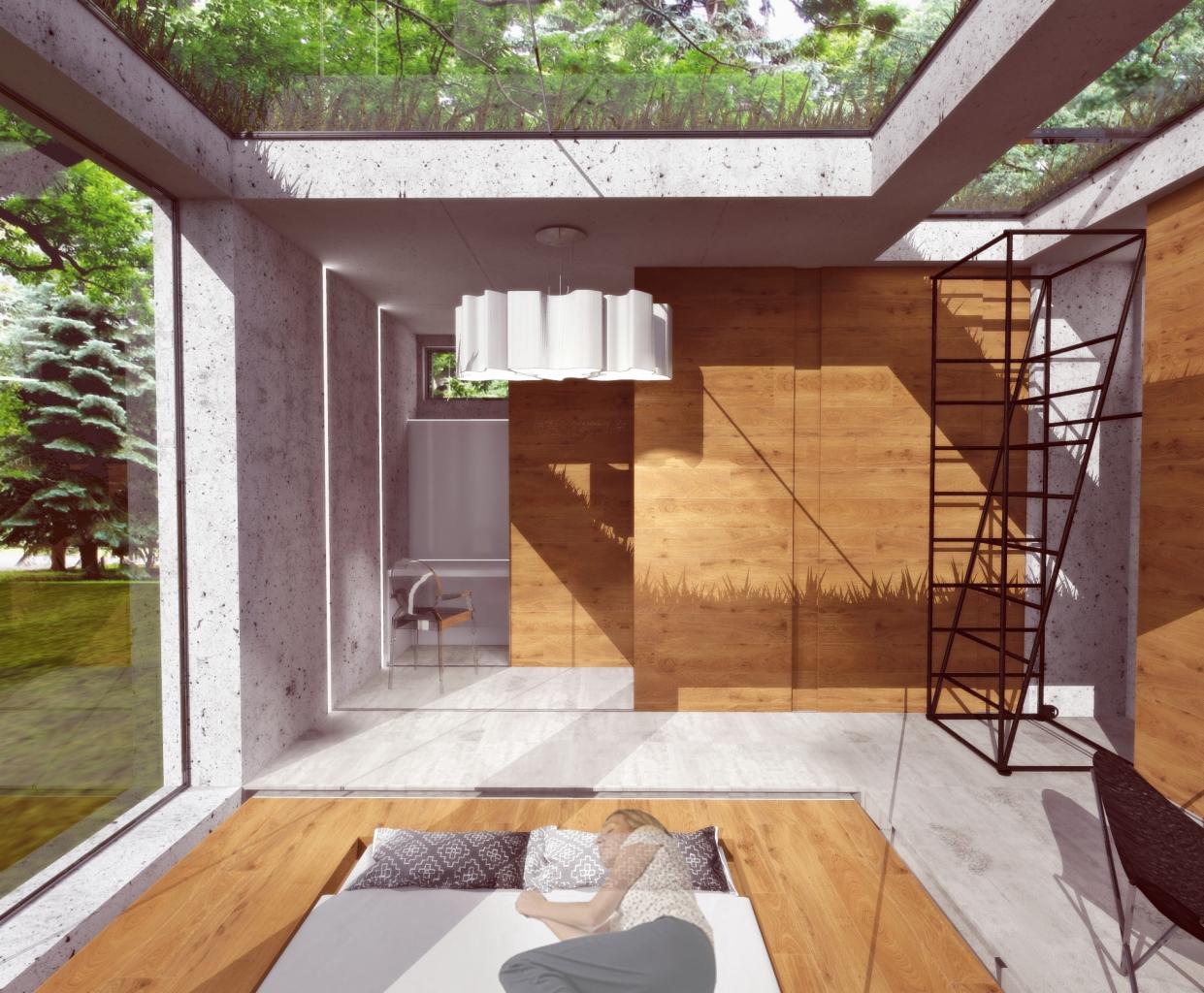 Wnętrze nowoczesnej sypialni z betonowymi ścianami, drewnianą podłogą z wbudowanym łóżkiem, widokiem na zieleń przez duże okno i przeszklony sufit, kobieta leżąca na łóżku.