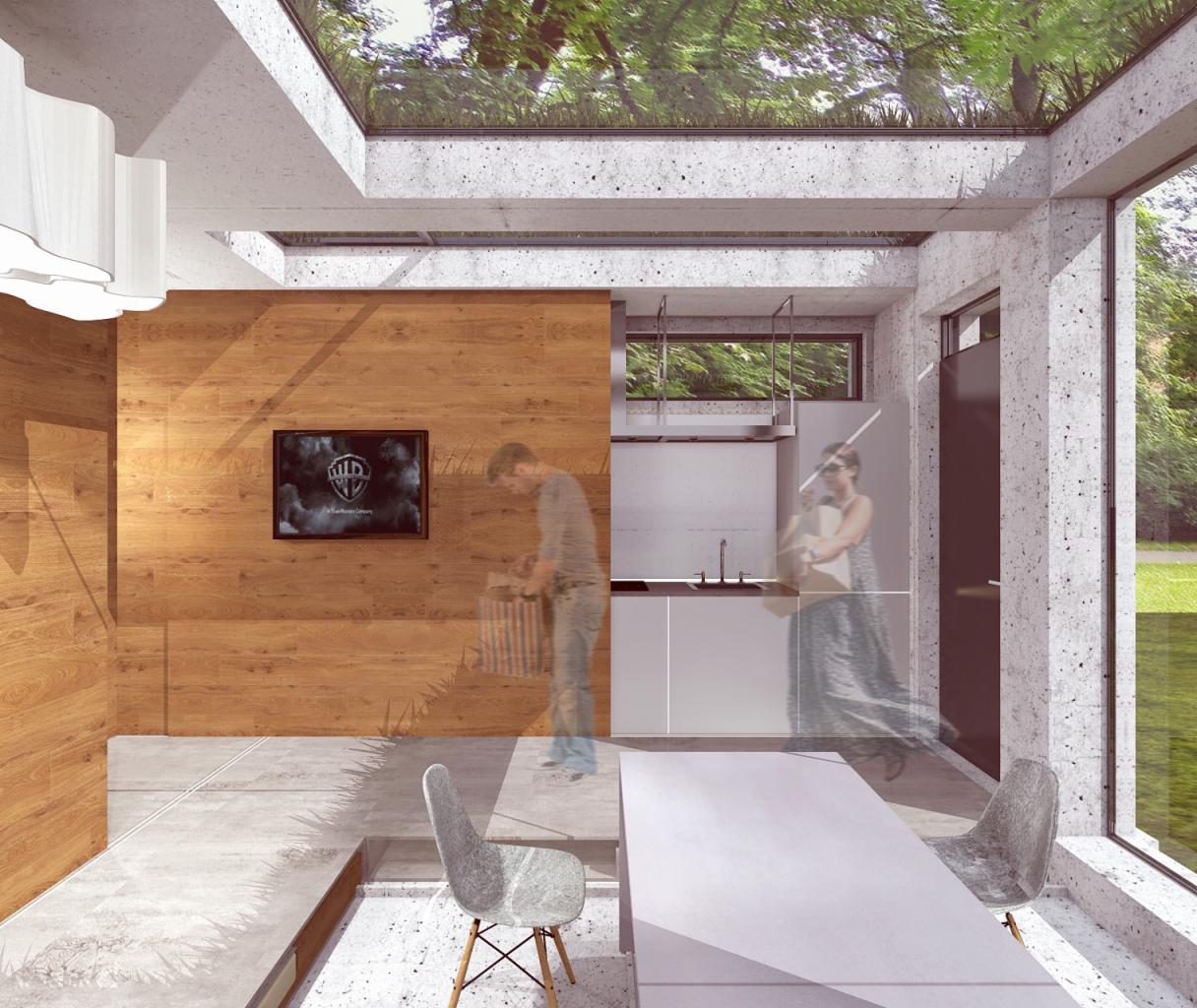 Wizualizacja nowoczesnego wnętrza z drewnianą ścianą, betonowym sufitem z przeszkleniem, białą kuchnią i minimalistycznym stołem. Na ścianie telewizor z logo Warner Bros. Przezroczyste postacie...