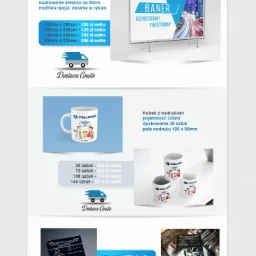 Grafika reklamowa drukarni prezentująca ofertę: wizytówki z lakierem UV, baner laminowany, kubek z nadrukiem, okładki na dokumenty z folii PVC, wraz z informacją o darmowej dostawie i projekcie...