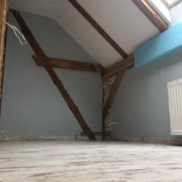 Poddasze po malowaniu ścian na szaro, z widocznymi drewnianymi belkami konstrukcyjnymi, białą płytą karton gips na suficie i jasną podłogą imitującą drewno. W tle grzejnik.