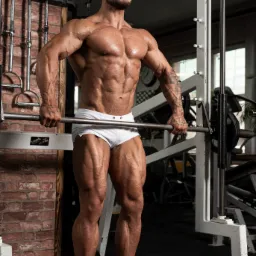 Umięśniony mężczyzna w białych spodenkach i butach sportowych, stojący w siłowni i trzymający sztangę na maszynie Smitha.