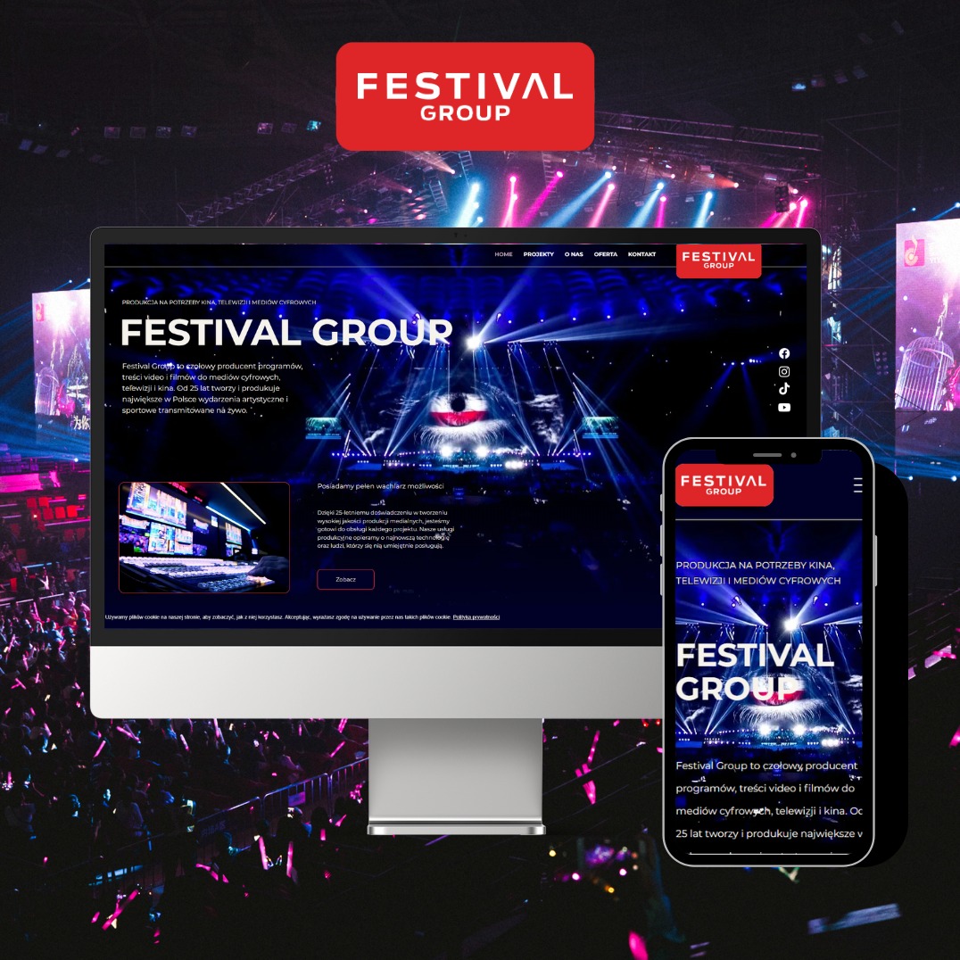 Prezentacja strony internetowej Festival Group na monitorze i smartfonie. Widoczny interfejs strony z logo i informacjami o produkcji dla kina, telewizji i mediów cyfrowych.