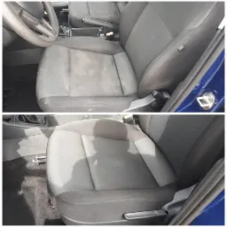 Porównanie fotela samochodowego przed i po czyszczeniu, widoczne wyraźne różnice w czystości tapicerki.