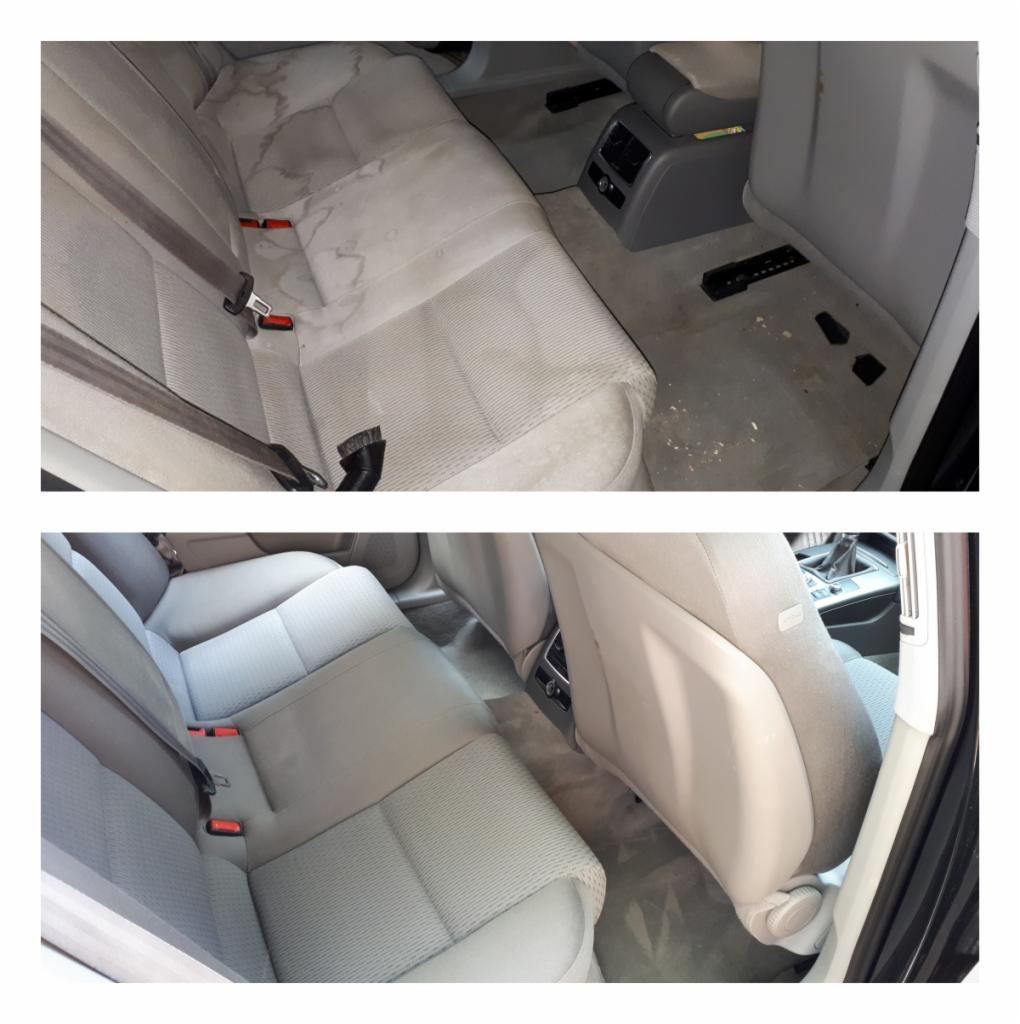 Porównanie: Tylna kanapa samochodu przed i po praniu tapicerki. Widoczne plamy i zabrudzenia na górnym zdjęciu, czysta tapicerka na dolnym zdjęciu.