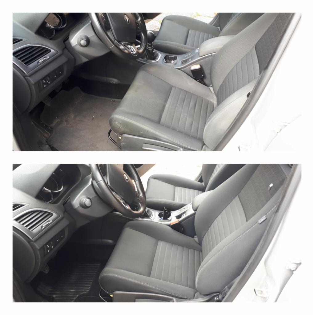 Porównanie wnętrza samochodu przed i po czyszczeniu: brudna tapicerka fotela kierowcy i dywanika kontra czyste, odświeżone wnętrze z widoczną różnicą w odcieniu i braku zabrudzeń.
