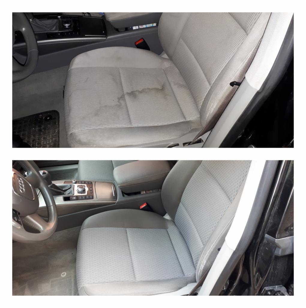 Porównanie: Fotel samochodowy z jasną tapicerką przed i po czyszczeniu, widoczne plamy na górnym ujęciu, usunięte na dolnym.