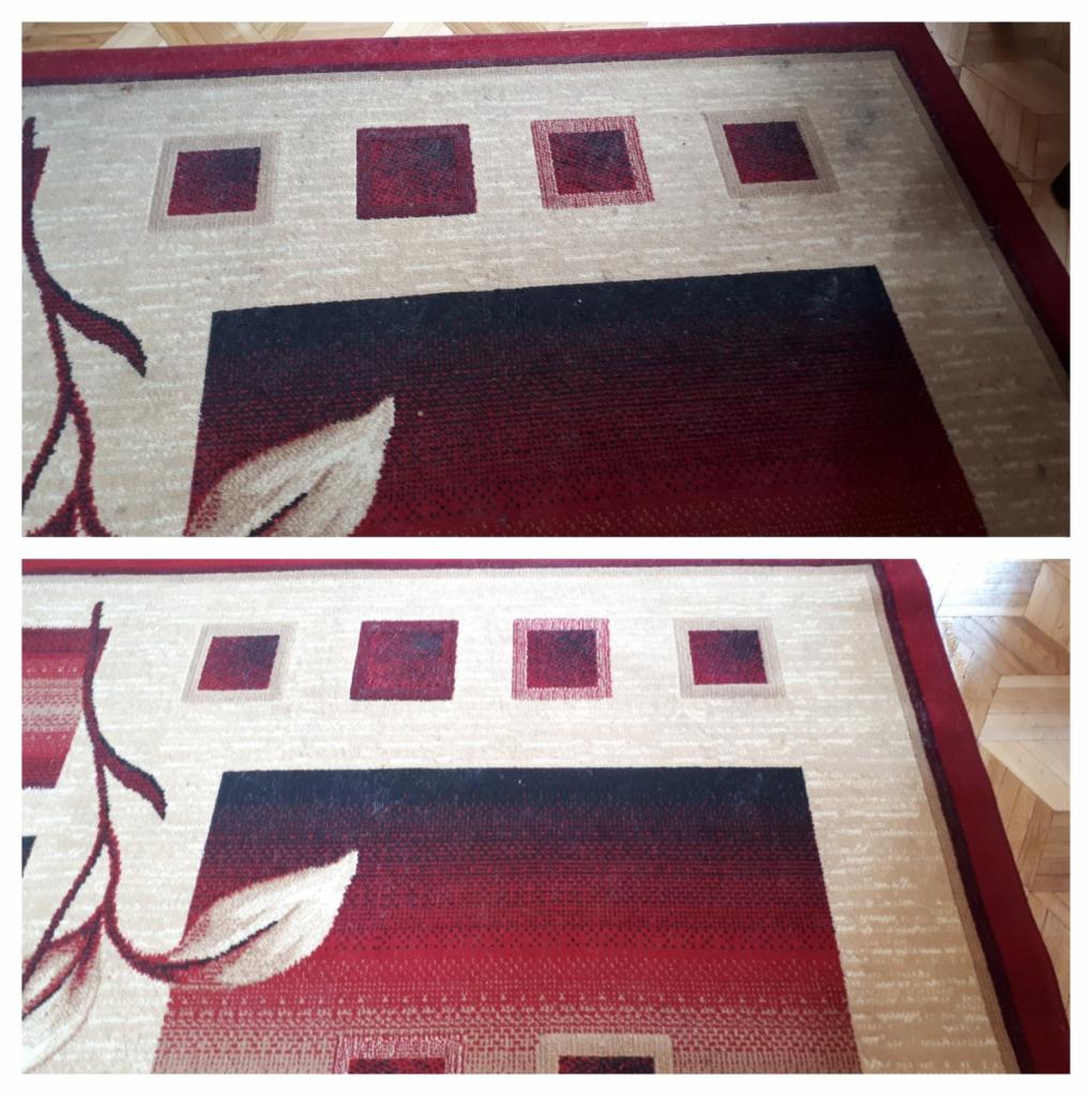 Dywan z geometrycznym wzorem przed i po czyszczeniu, widoczne różnice w kolorze i usunięte zabrudzenia, usługa wykonana w Warszawie.