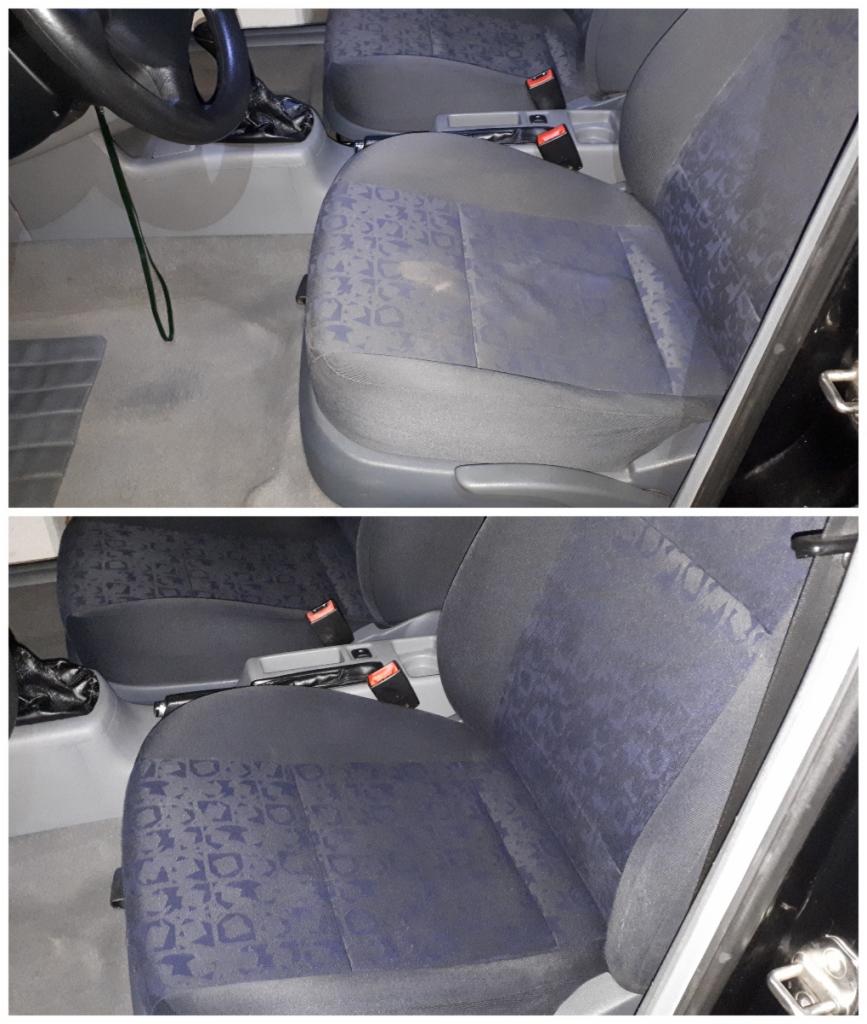 Tapicerka samochodowa przed i po czyszczeniu: widoczne różnice w kolorze i usunięte plamy na szarym siedzeniu z niebieskim wzorem.