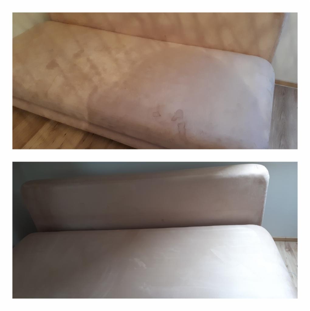 Dwuetapowe ujęcie prania beżowej kanapy: widoczne plamy przed czyszczeniem (góra), czysta powierzchnia po praniu (dół).