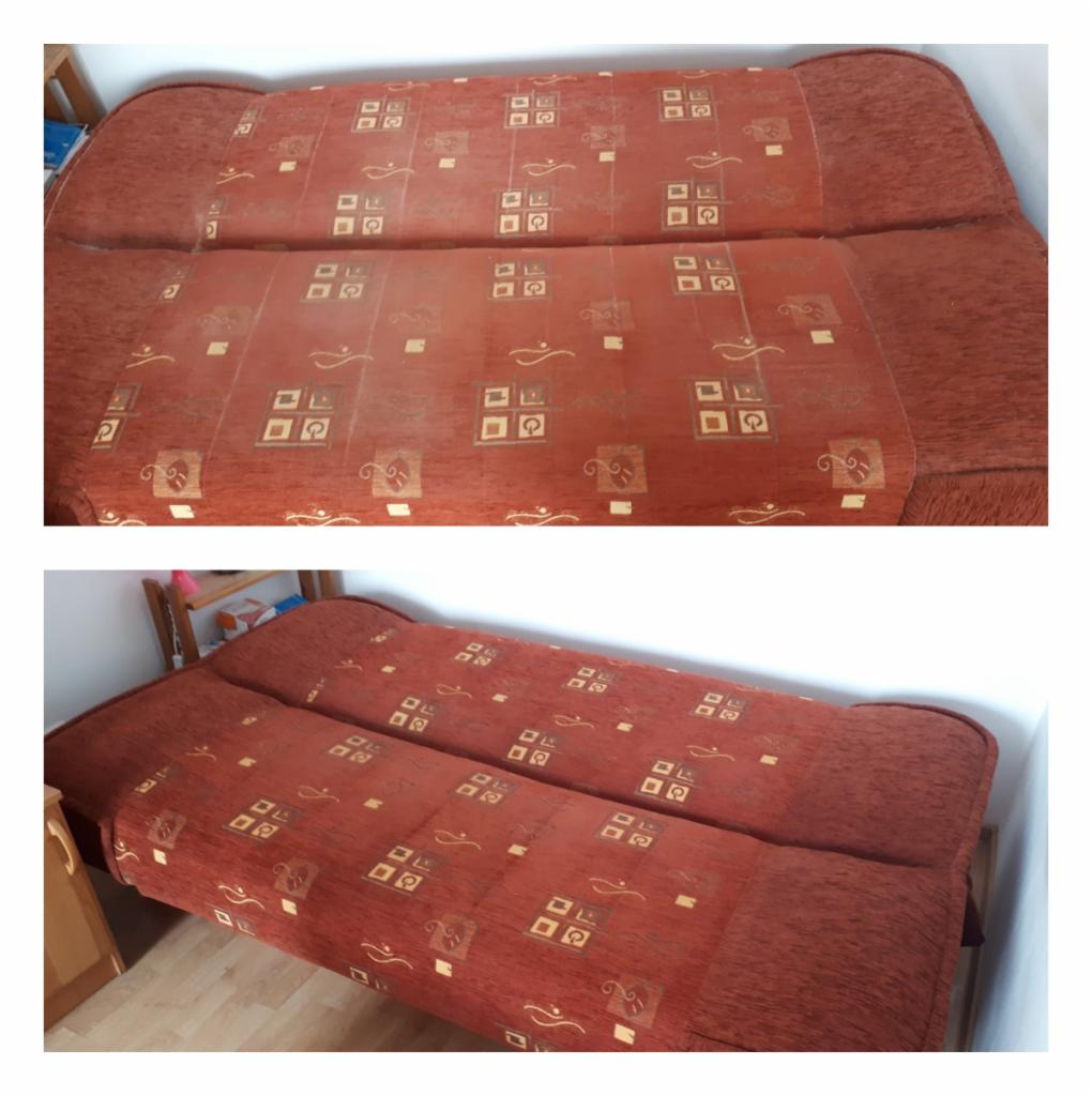 Dwu-częściowa, brązowo-pomarańczowa kanapa z wzorem geometrycznym przed (góra) i po (dół) czyszczeniu, widoczne różnice w odświeżeniu koloru i usunięciu zabrudzeń.