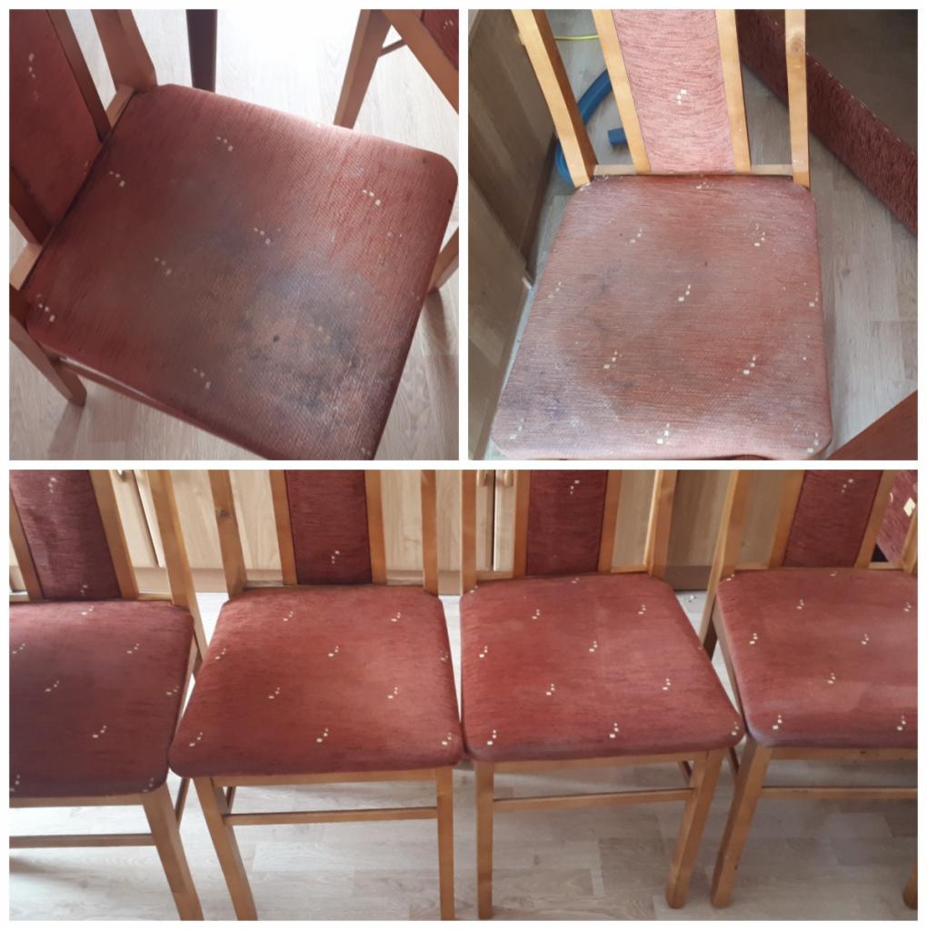 Kolaż przedstawiający krzesła z brązową tapicerką przed i po czyszczeniu, widoczne plamy i różnica w wyglądzie tapicerki.