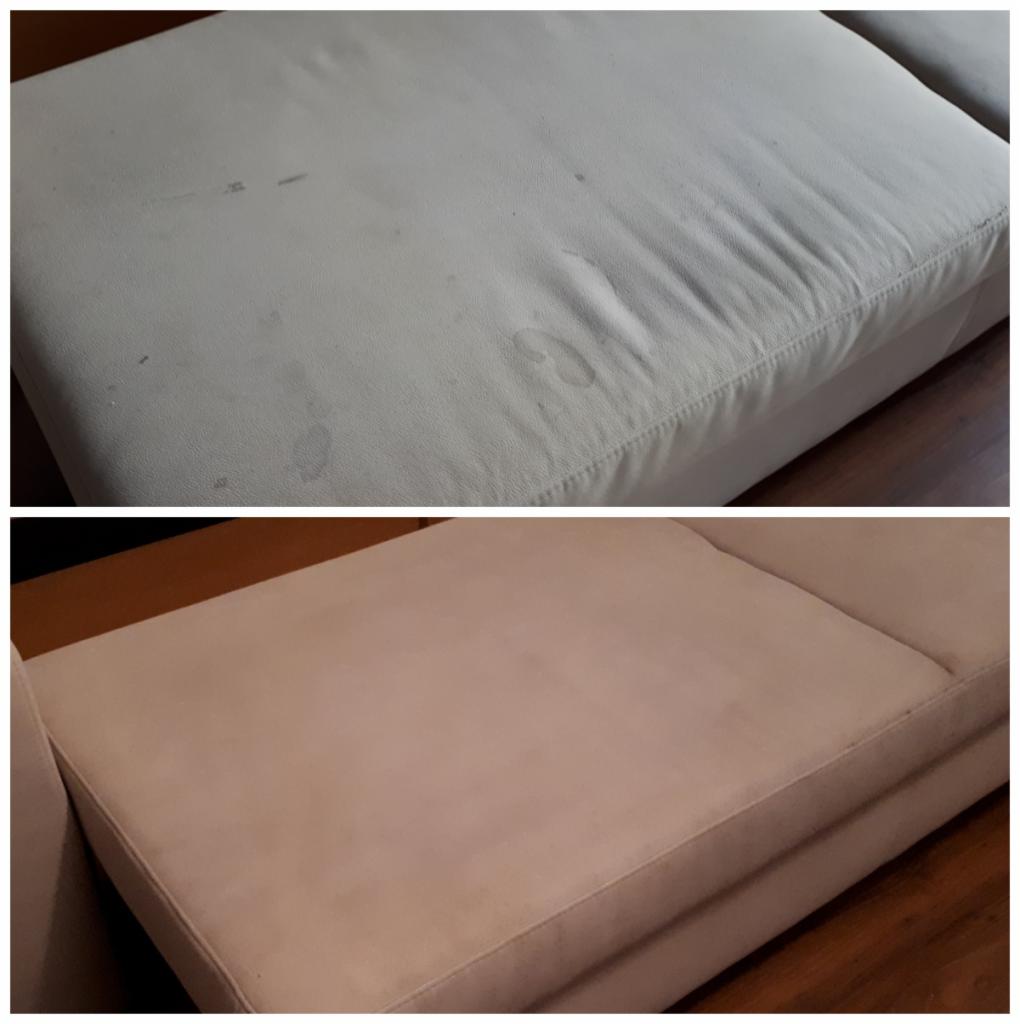 Porównanie stanu siedziska kanapy przed i po czyszczeniu, widoczne plamy i zabrudzenia usunięte, jaśniejszy odcień tkaniny.