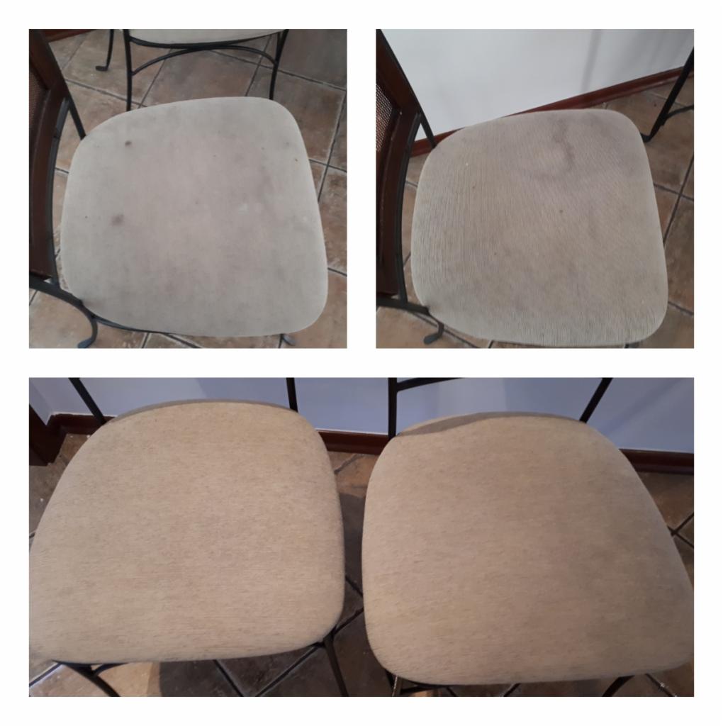 Kolaż prezentujący krzesło tapicerowane przed i po czyszczeniu, widoczne różnice w odcieniu i usunięte plamy.