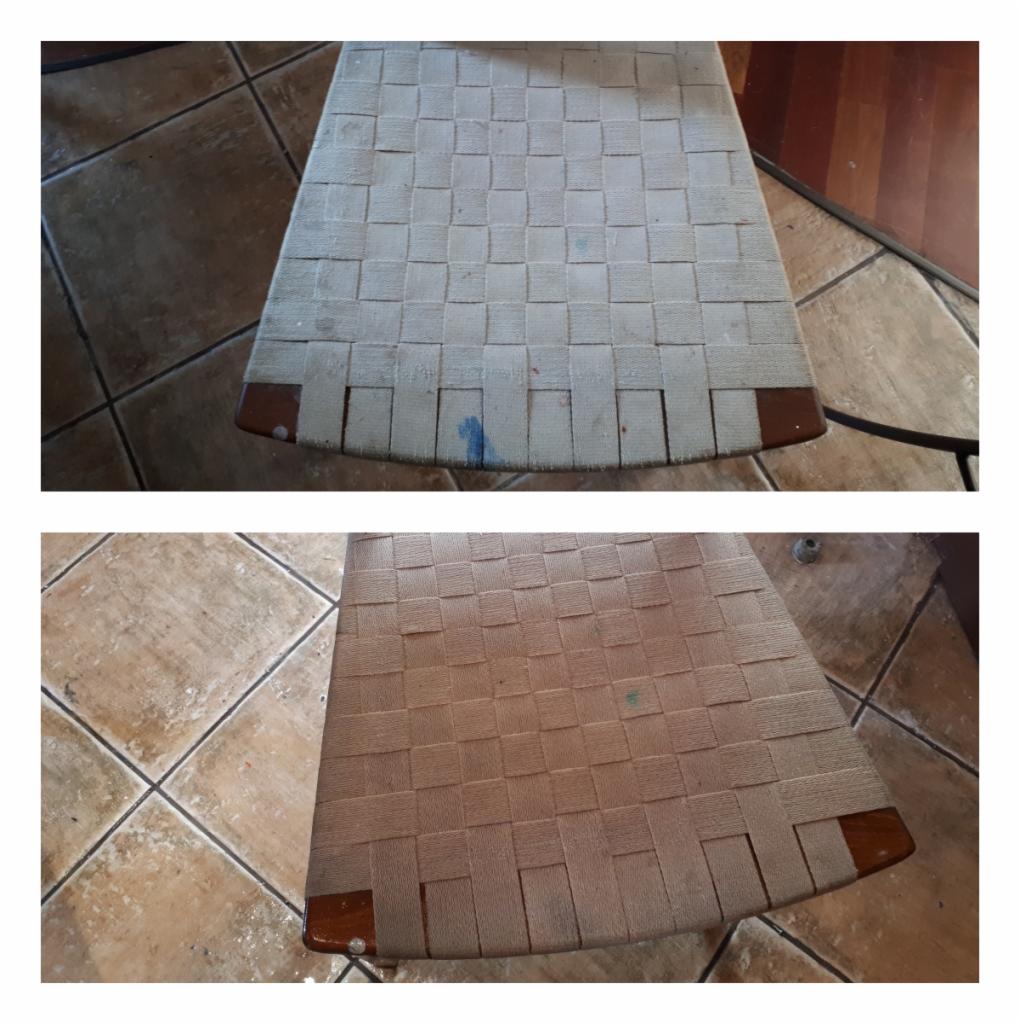 Krzesło z plecionym siedziskiem: widok z góry przed i po czyszczeniu, ukazujący znaczną różnicę w kolorze i usunięcie plam.