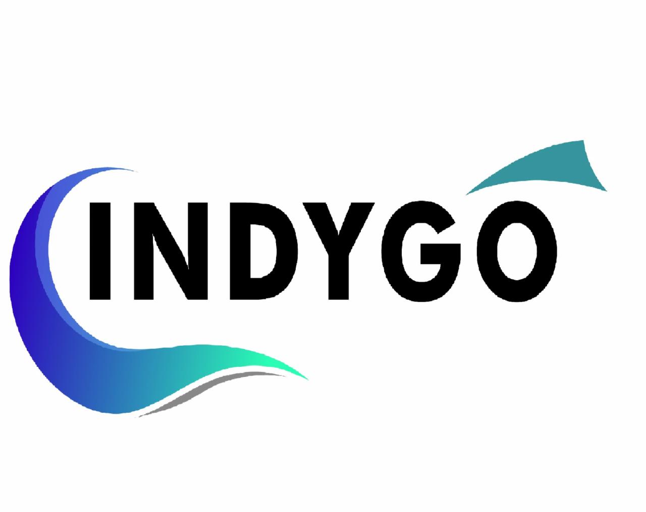 Logo firmy INDYGO z gradientem kolorów od niebieskiego do zielonego w stylizowanej grafice po lewej stronie i małym elementem graficznym w prawym górnym rogu.