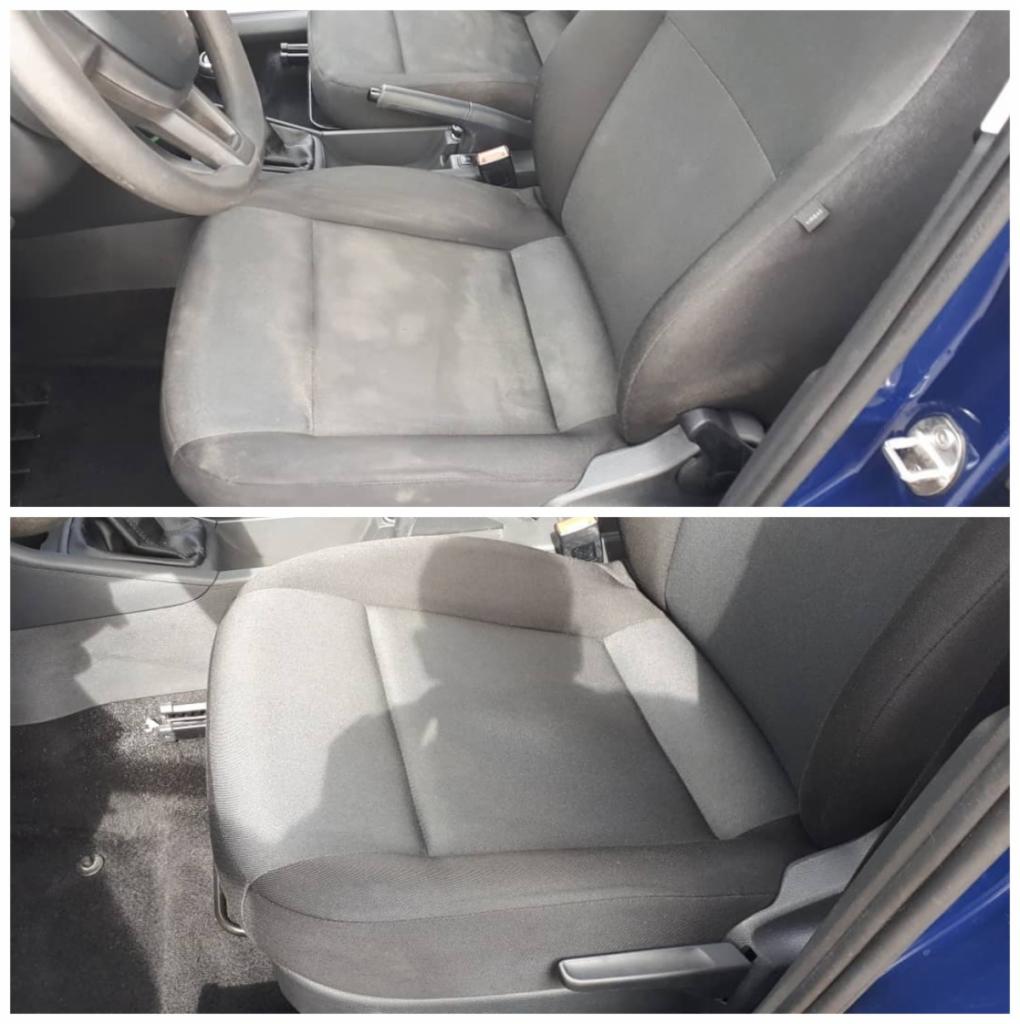 Porównanie fotela samochodowego przed i po czyszczeniu, widoczne wyraźne różnice w czystości tapicerki.