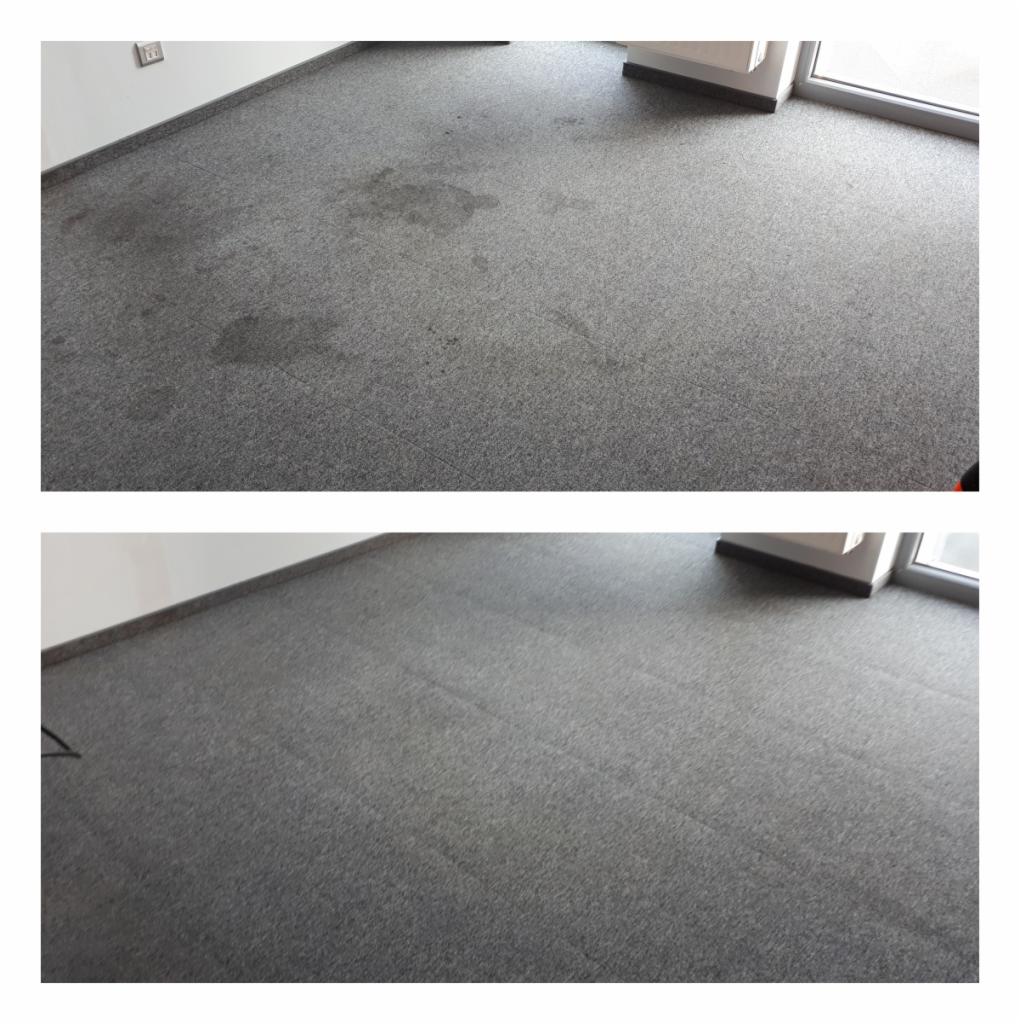 Porównanie stanu dywanu biurowego przed i po czyszczeniu, widoczne plamy usunięte z szarej wykładziny dywanowej.