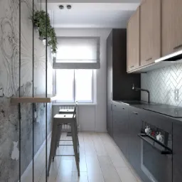 Wąska kuchnia z blatem z ciemnego kamienia, jasnymi drewnianymi szafkami górnymi, szarą mozaiką w jodełkę na ścianie, ścianą z dekoracyjnym tynkiem imitującym zniszczoną powierzchnię i metalowymi...