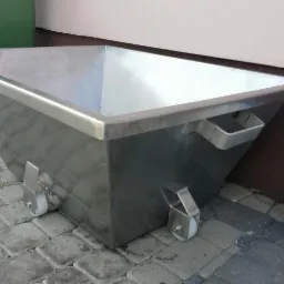 Metalowy kontener na kółkach, spawany z blachy nierdzewnej, widoczne spawy i uchwyty, stoi na kostce brukowej.