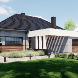 Wizualizacja parterowego domu z garażem, szara elewacja z drewnianymi akcentami, ciemny dach, numer domu '43' na garażu, zadbany trawnik z oświetleniem ścieżki.