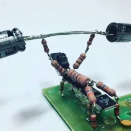 Figurka strongmana wykonana z elementów elektronicznych: rezystorów, kondensatorów i układów scalonych, dźwigającego sztangę z kondensatorów, umieszczona na zielonej płytce drukowanej.
