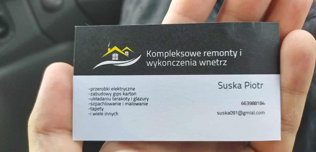 Wizytówka firmy Suska Piotr oferującej kompleksowe remonty i wykończenia wnętrz, w tym przeróbki elektryczne, zabudowy gips karton, układanie terakoty i glazury, szpachlowanie i malowanie...