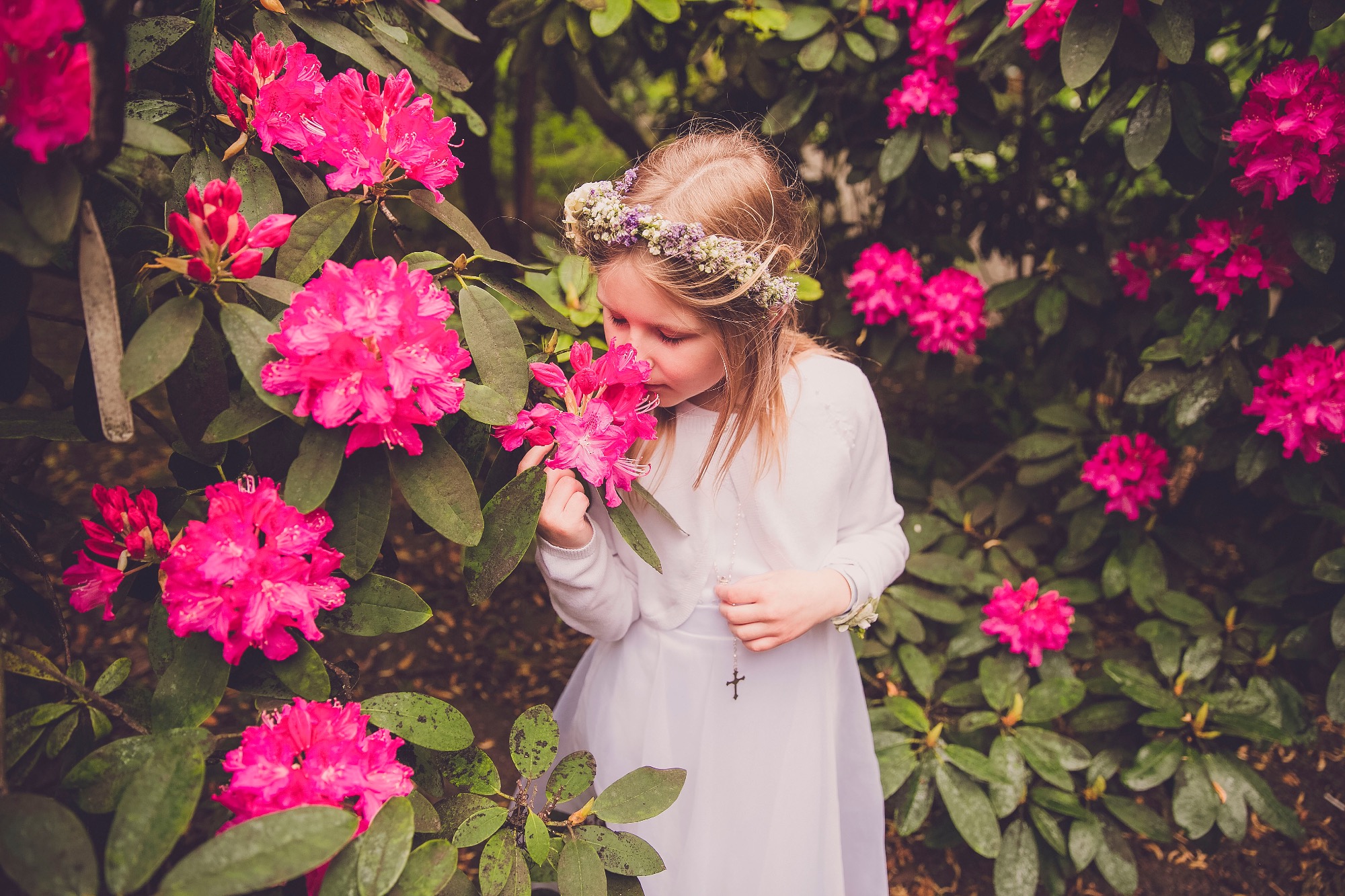 Dziewczynka w białej sukience i wianku na głowie wącha różowe rododendrony w ogrodzie, delikatne światło podkreśla naturalność sceny.