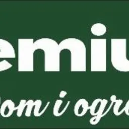Logo firmy Premium Dom i Ogród na zielonym tle z żółtymi akcentami.